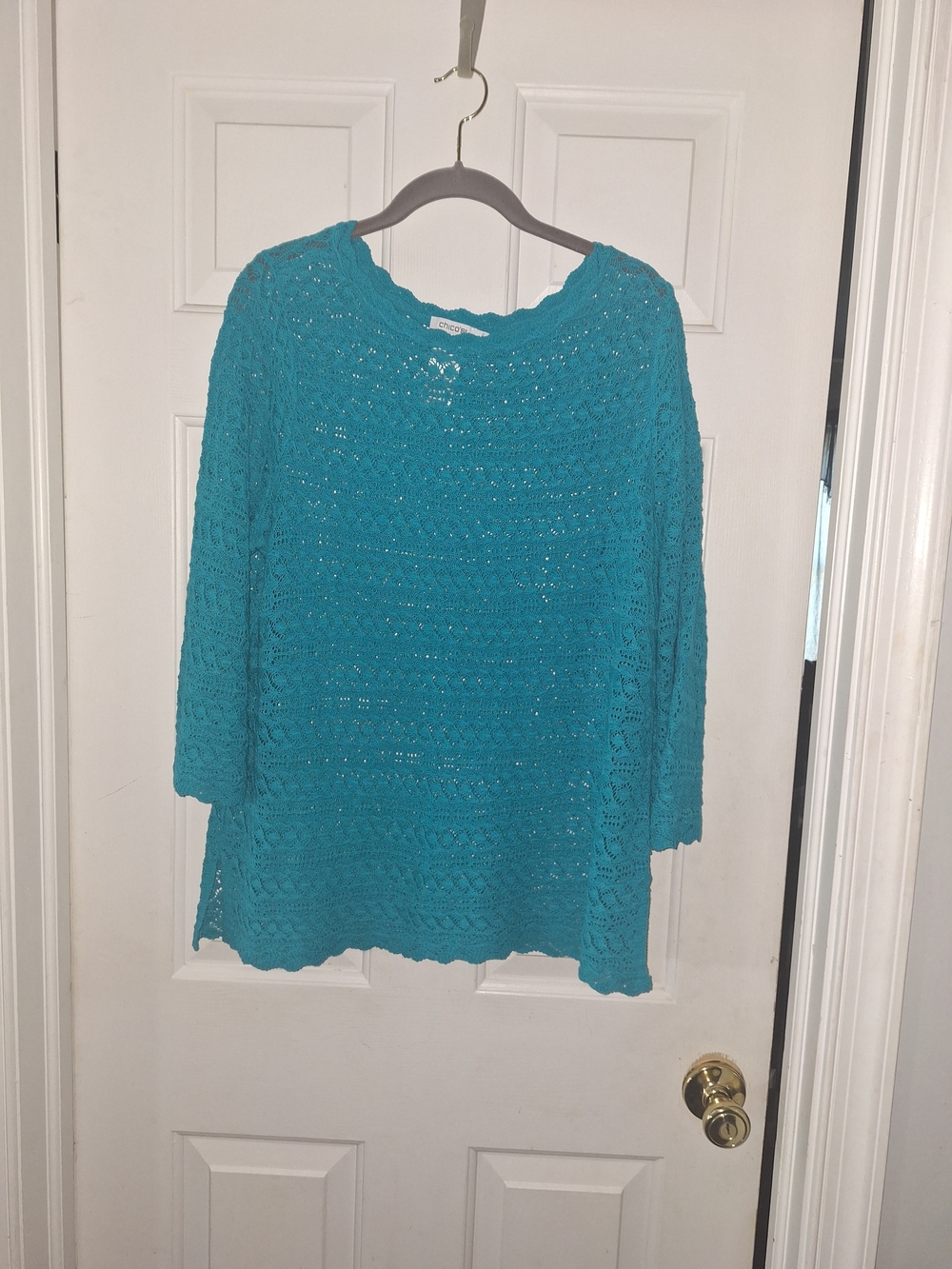 Chico's Teal Openwork Scoop Neck Lightweight Crochet Sweater